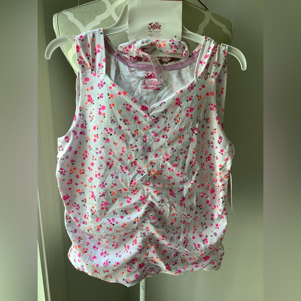 Justice Pink and White Floral Tank Top with Ruching